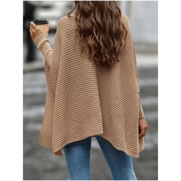 Cozy Turtleneck Oversized Poncho Sweater Top - Picture 4 of 5
